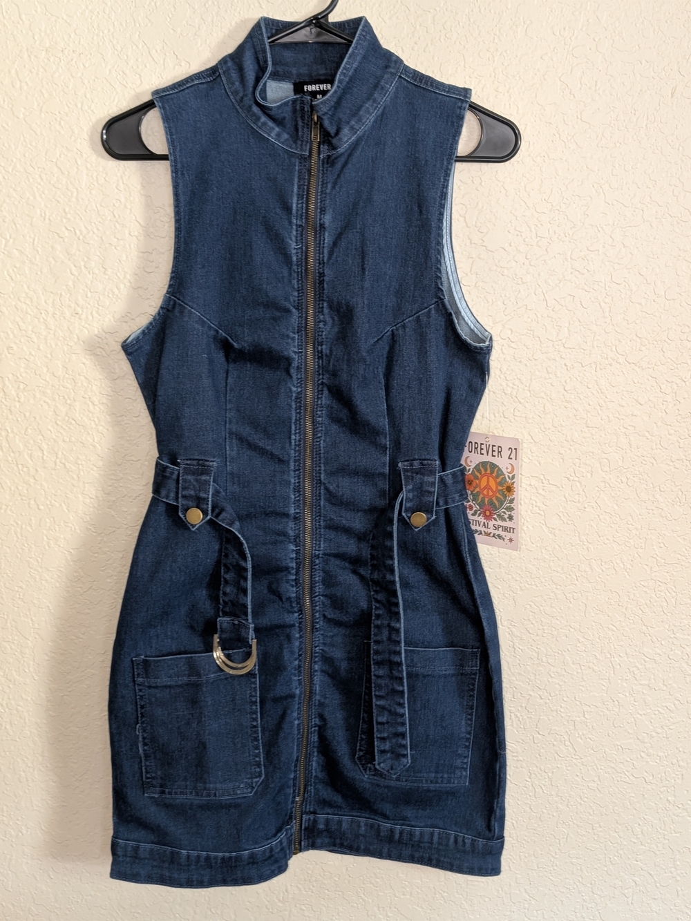 Forever 21 Dark Blue Denim Zip-Front Sleeveless Dress